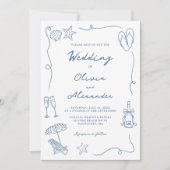 Whimsical Hand Drawn Coastal Blue Beach Wedding Kaart (Voorkant)