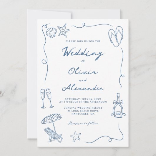Whimsical Hand Drawn Coastal Blue Beach Wedding Kaart (Voorkant)