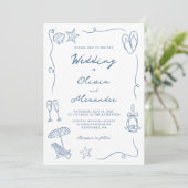 Whimsical Hand Drawn Coastal Blue Beach Wedding Kaart (Staand voorkant)