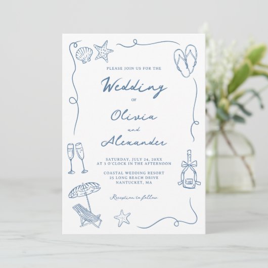 Whimsical Hand Drawn Coastal Blue Beach Wedding Kaart (Staand voorkant)