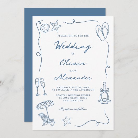 Whimsical Hand Drawn Coastal Blue Beach Wedding Kaart (Voorkant / Achterkant)