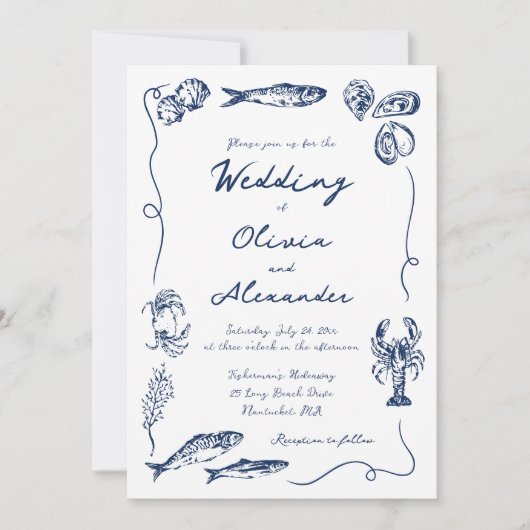 Whimsical Hand Drawn Coastal Navy Blue Wedding Kaart (Voorkant)