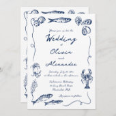 Whimsical Hand Drawn Coastal Navy Blue Wedding Kaart (Voorkant / Achterkant)