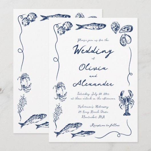 Whimsical Hand Drawn Coastal Navy Blue Wedding Kaart (Voorkant / Achterkant)