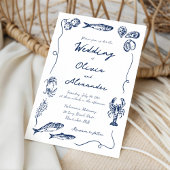 Whimsical Hand Drawn Coastal Navy Blue Wedding Kaart