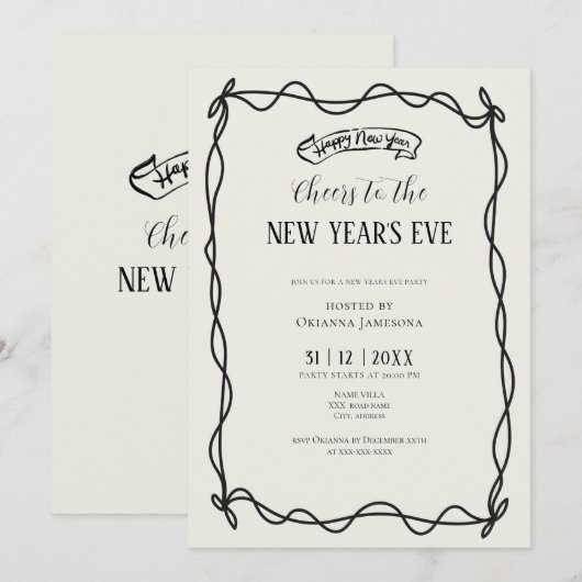 Whimsical Hand Drawn Coquette New Years Eve Party Kaart (Voorkant / Achterkant)