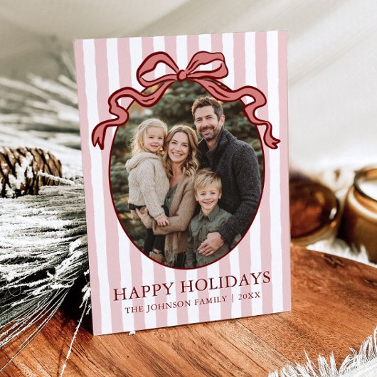 Whimsical Hand Drawn Coquette Red Bow Family Photo Feestdagenkaart