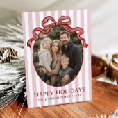 Whimsical Hand Drawn Coquette Red Bow Family Photo Feestdagenkaart