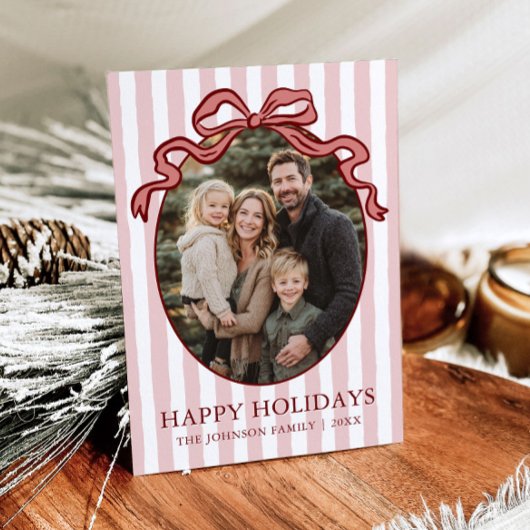 Whimsical Hand Drawn Coquette Red Bow Family Photo Feestdagenkaart