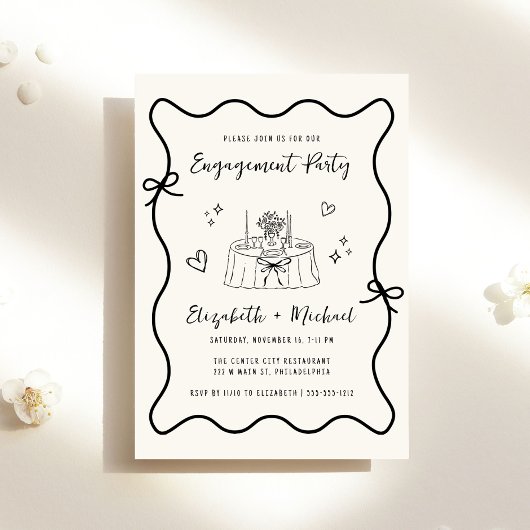 Whimsical Hand Drawn Cream Engagement Party Kaart