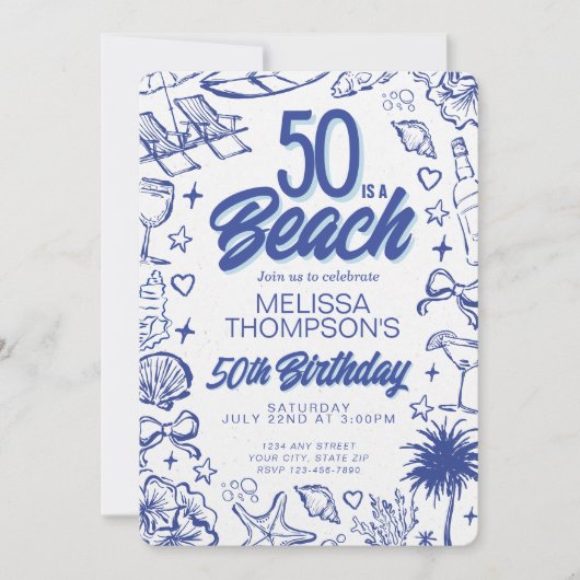 Whimsical Hand Drawn Doodle 50e Strand Verjaardag Kaart (Voorkant)