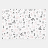 Whimsical Hand Drawn Doodle Christmas Pink Black Inpakpapier Vel (Voorkant)