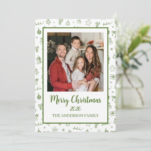 Whimsical Hand Drawn Doodle Green Feestdagenkaart (Staand voorkant)