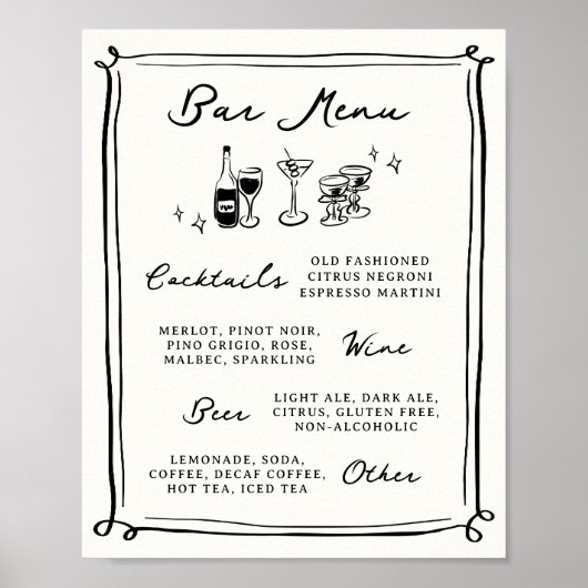 Whimsical Hand Drawn Doodles Bar Menu Poster (Voorkant)