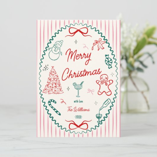 Whimsical Hand Drawn Doodles Christmas Photo Feestdagenkaart (Staand voorkant)
