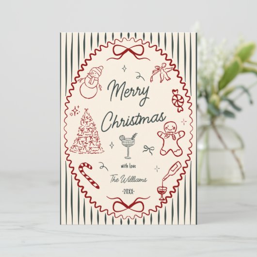 Whimsical Hand Drawn Doodles Christmas Photo Feestdagenkaart (Staand voorkant)