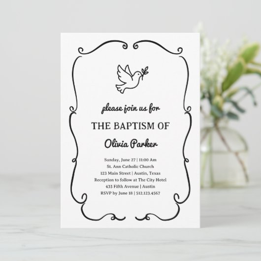 Whimsical Hand-Drawn Dove | Baptism Kaart (Staand voorkant)