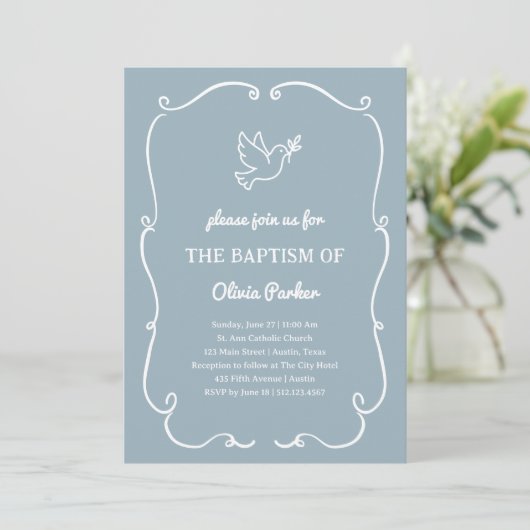 Whimsical Hand-Drawn Dove Blue | Baptism Kaart (Staand voorkant)