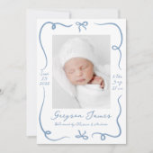 Whimsical Hand-Drawn Dusty Blue Bows 2 Foto Geboor Aankondiging (Voorkant)