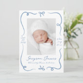 Whimsical Hand-Drawn Dusty Blue Bows 2 Foto Geboor Aankondiging (Staand voorkant)
