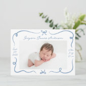 Whimsical Hand-Drawn Dusty Blue Bows 4 Foto Geboor Aankondiging (Staand voorkant)