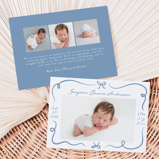 Whimsical Hand-Drawn Dusty Blue Bows 4 Foto Geboor Aankondiging