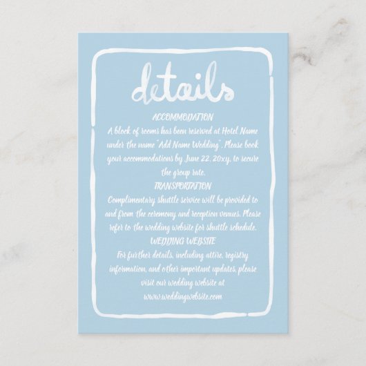 Whimsical Hand Drawn Eenvoudig lichtblauw wit Lijs Informatiekaartje (Voorkant)