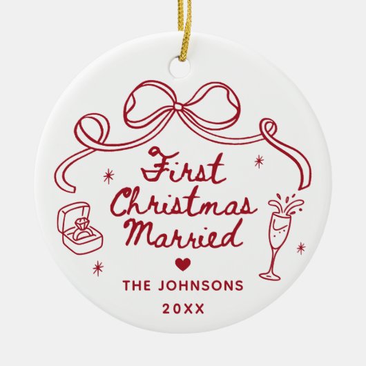 Whimsical Hand Drawn First Christmas Married Keramisch Ornament (Voorkant)