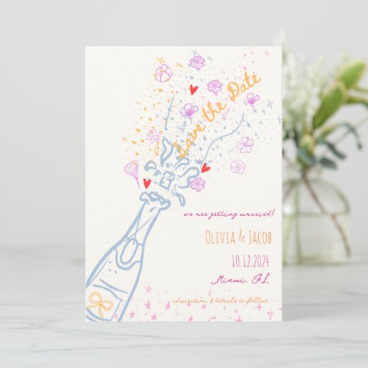 Whimsical Hand Drawn Floral Fun Save the Date Kaart (Staand voorkant)