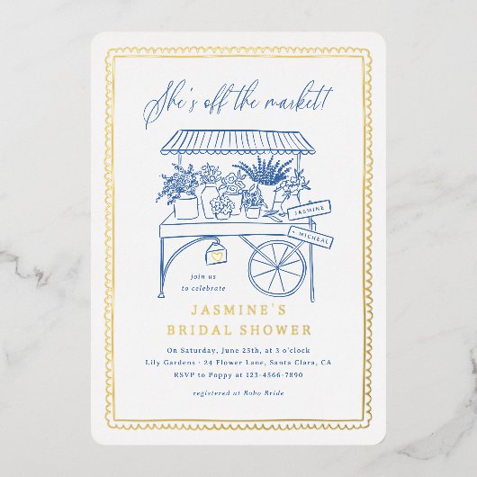 Whimsical Hand Drawn Flower Market Vrijgezellenfee Folie Uitnodiging (Voorkant)