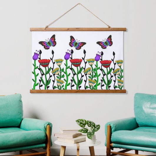 Whimsical Hand Drawn Flowers and Butterflies Hangend Wandkleed (Woonkamer)