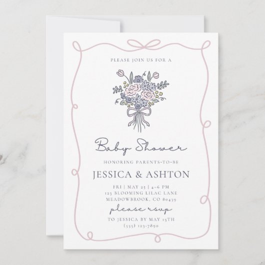 Whimsical hand-drawn flowers and frame baby shower kaart (Voorkant)