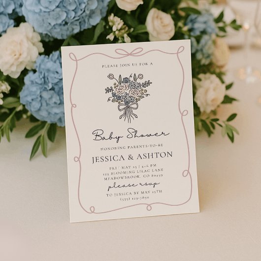 Whimsical hand-drawn flowers and frame baby shower kaart