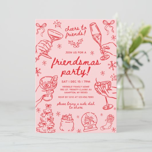 Whimsical Hand Drawn Friendsmas Christmas Party Kaart (Staand voorkant)