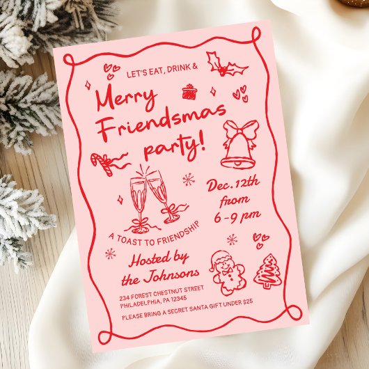 Whimsical Hand Drawn Friendsmas Christmas Party Kaart
