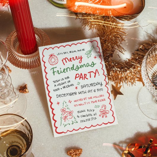 Whimsical Hand Drawn Friendsmas Christmas Party Kaart