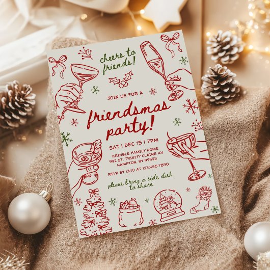 Whimsical Hand Drawn Friendsmas Christmas Party Kaart