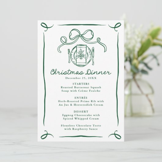 Whimsical Hand-Drawn Green Bow Christmas Dinner Menu (Staand voorkant)