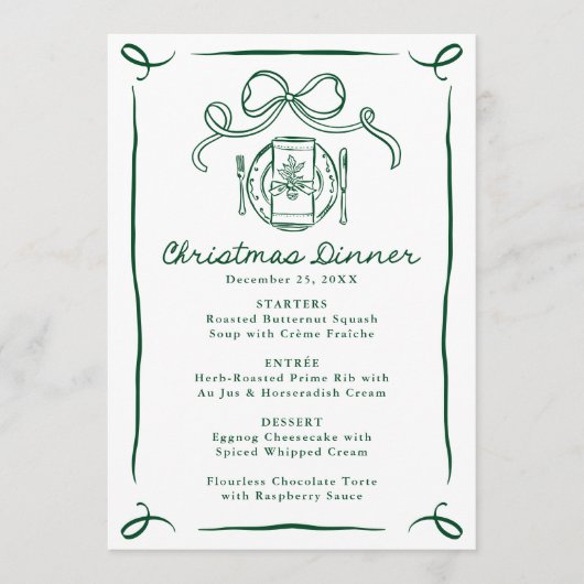 Whimsical Hand-Drawn Green Bow Christmas Dinner Menu (Voorkant)