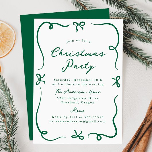 Whimsical Hand-Drawn Green Bows Kerstfeest Kaart