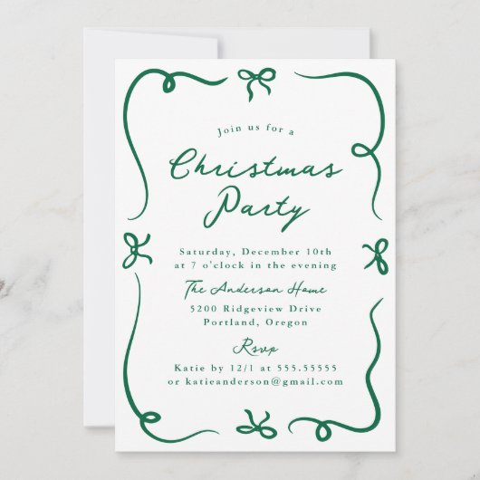 Whimsical Hand-Drawn Green Bows Kerstfeest Kaart (Voorkant)