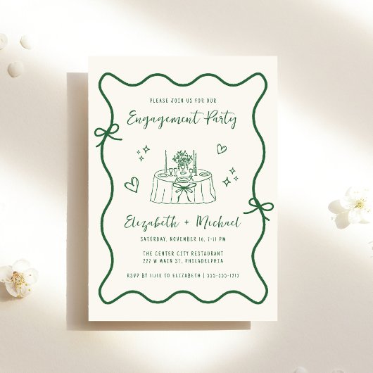 Whimsical Hand Drawn Green Cream Engagement Party Kaart