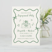 Whimsical Hand Drawn Green Cream Engagement Party Kaart (Staand voorkant)
