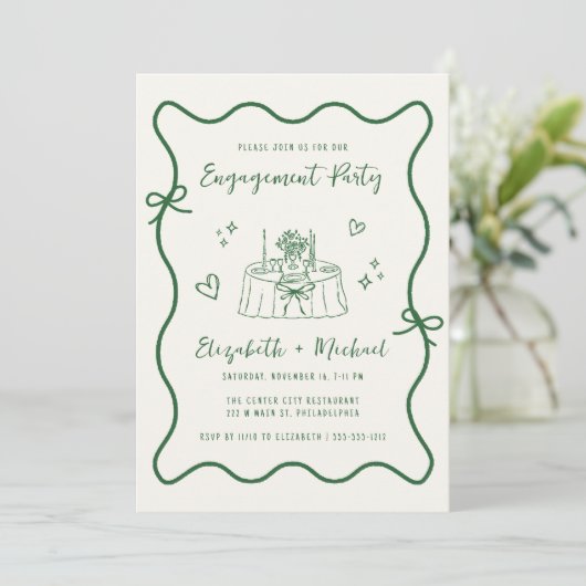 Whimsical Hand Drawn Green Cream Engagement Party Kaart (Staand voorkant)