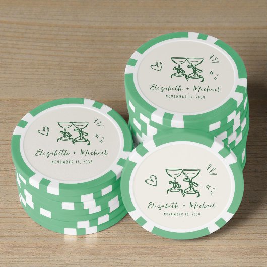 Whimsical Hand Drawn Green Cream Wedding Poker Chips