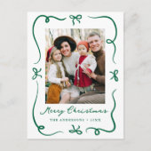 Whimsical Hand-Drawn Groene Bogen Foto Kerstmis Feestdagenkaart (Voorkant)