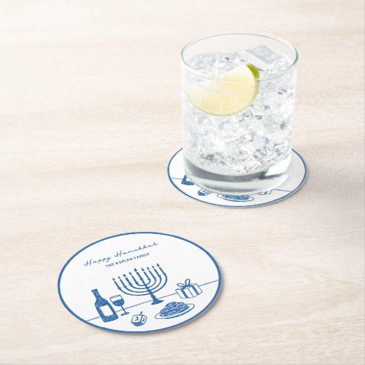Whimsical Hand Drawn Hanukkah Party Trendy Custom Ronde Kartonnen Onderzetter (Insitu)