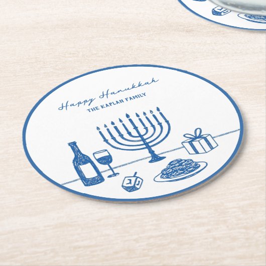 Whimsical Hand Drawn Hanukkah Party Trendy Custom Ronde Kartonnen Onderzetter (Gebogen)