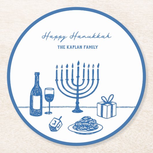 Whimsical Hand Drawn Hanukkah Party Trendy Custom Ronde Kartonnen Onderzetter (Voorkant)