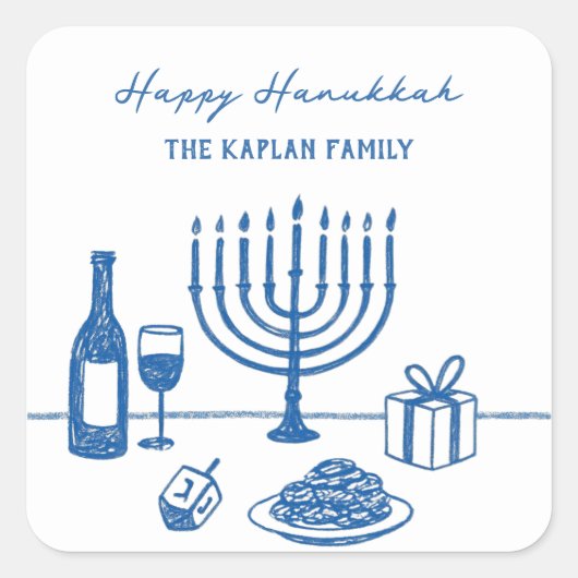 Whimsical Hand Drawn Hanukkah Party Trendy Custom Vierkante Sticker (Voorkant)